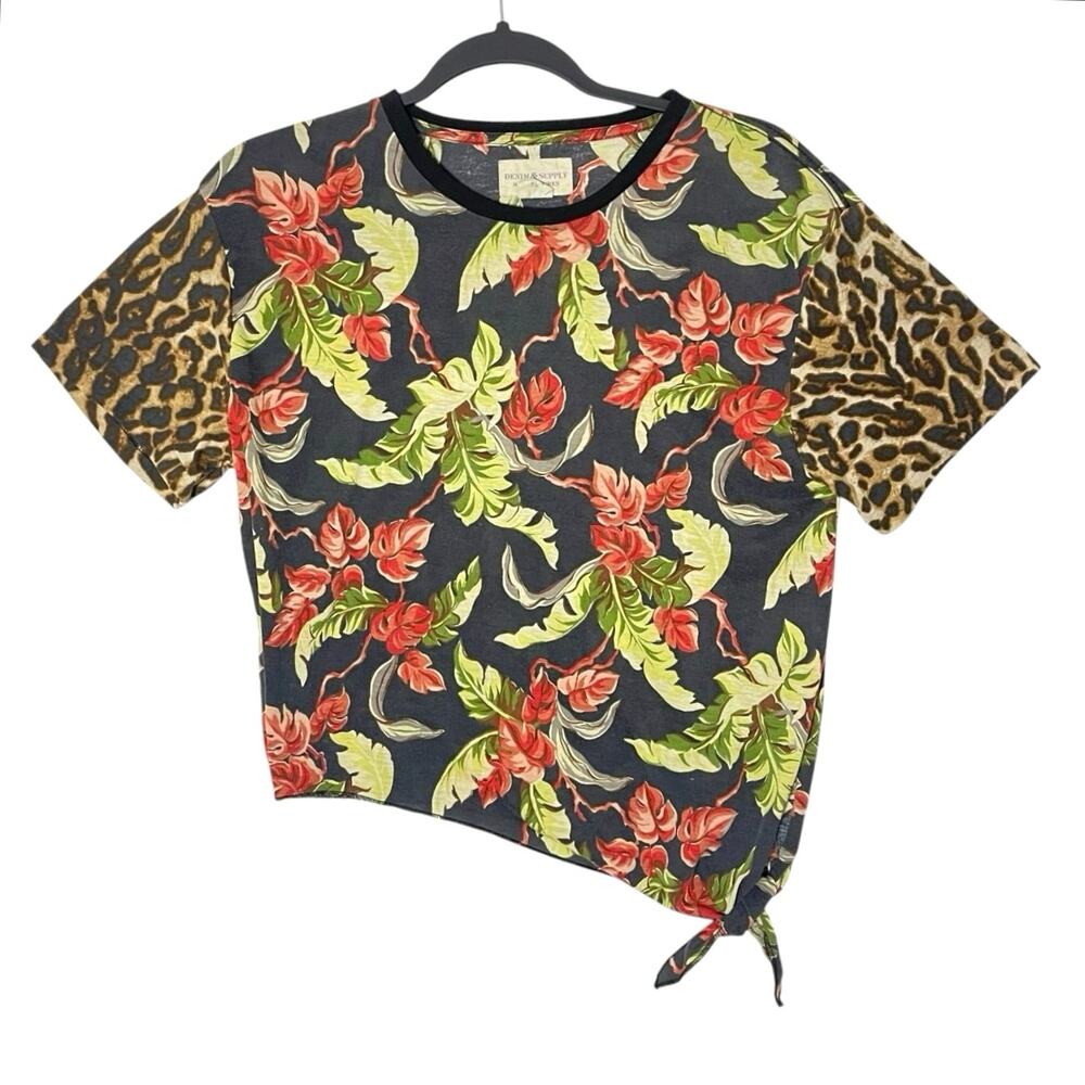 Denim & Supply Ralph Lauren Floral Leopard Print Side Tie Top M Boho Tropical